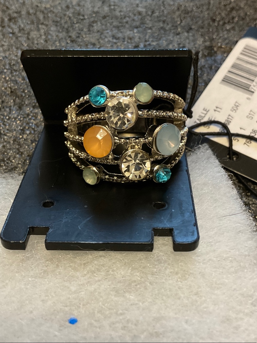 Multi-Gem Silver-Tone Stack Ring in Teal, Orange & Pale Blue